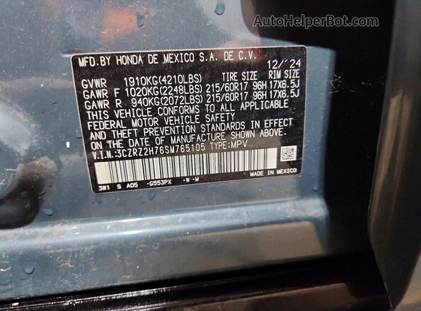 3CZRZ2H76SM765105 2025 HONDA HR-V Blue VIN կոդի պիտակի տեսք