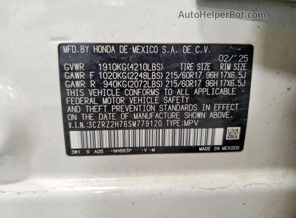 3CZRZ2H76SM779120 2025 HONDA HR-V White Vista de la etiqueta del VIN