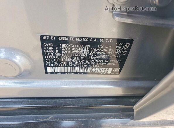 3CZRZ2H76TM733580 2026 HONDA HR-V Silver Vista de la etiqueta del VIN
