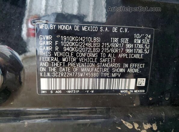 3CZRZ2H77SM745980 2025 HONDA HR-V Black VIN կոդի պիտակի տեսք