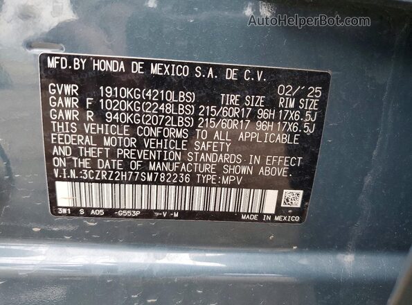 3CZRZ2H77SM782236 2025 HONDA HR-V Teal Vista de la etiqueta del VIN