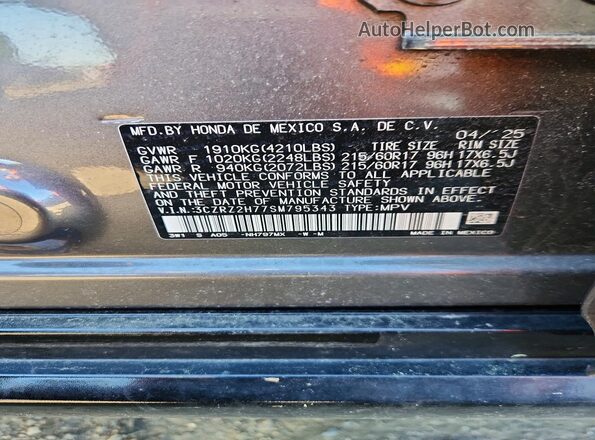 3CZRZ2H77SM795343 2025 HONDA HR-V Gray VIN կոդի պիտակի տեսք