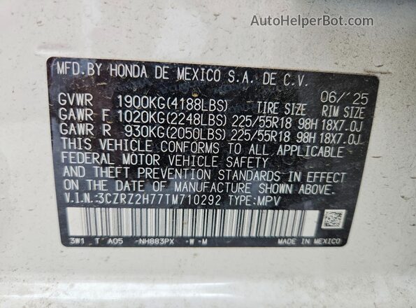3CZRZ2H77TM710292 2026 HONDA HR-V White Widok naklejki z numerem VIN
