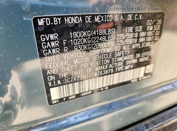 3CZRZ2H77TM763879 2026 HONDA HR-V Teal სალონის 360-გრადუსიანი ხედი