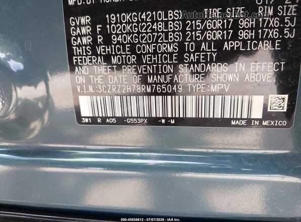 3CZRZ2H78RM765049 2024 HONDA HR-V Blue Vista del compartimento del motor