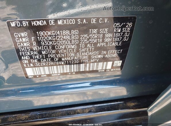 3CZRZ2H78VM711230 2027 HONDA HR-V Blue Вид підкапотного простору