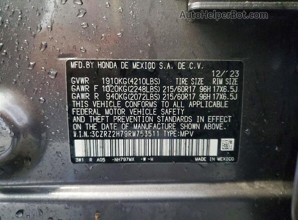 3CZRZ2H79RM753511 2024 HONDA HR-V Gray 360 interior view