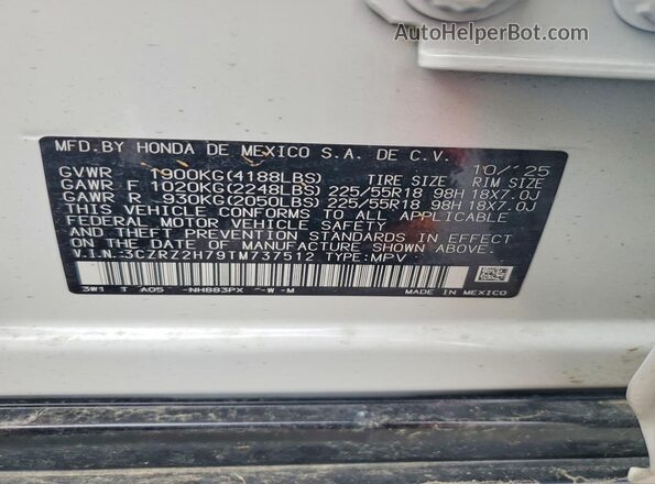 3CZRZ2H79TM737512 2026 HONDA HR-V Белый Вид наклейки с VIN-кодом