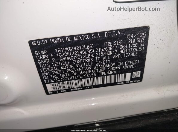 3CZRZ2H7XSM798155 2025 HONDA HR-V White Вид підкапотного простору