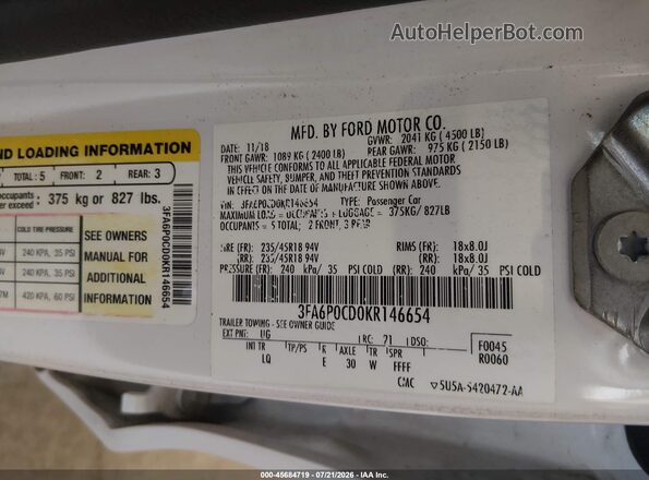 3FA6P0CD0KR146654 2019 FORD FUSION White Вид підкапотного простору