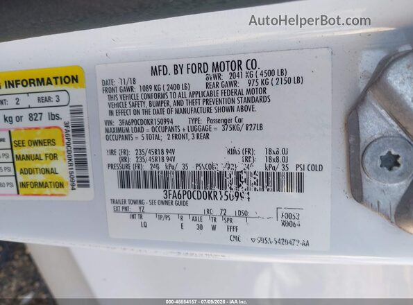 3FA6P0CD0KR150994 2019 FORD FUSION White Вид підкапотного простору