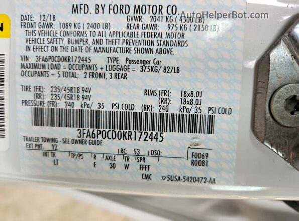 3FA6P0CD0KR172445 2019 FORD FUSION White Вид підкапотного простору
