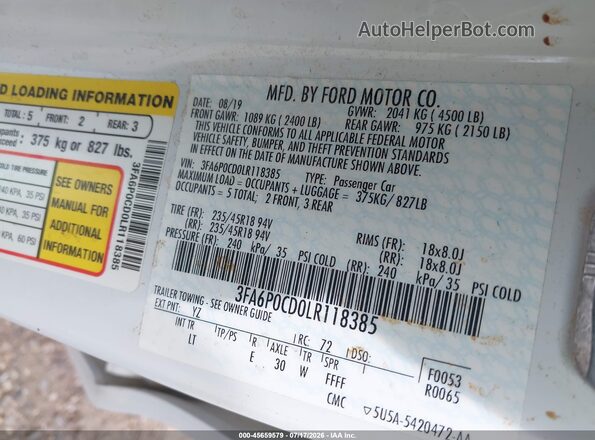 3FA6P0CD0LR118385 2020 FORD FUSION White Вид підкапотного простору
