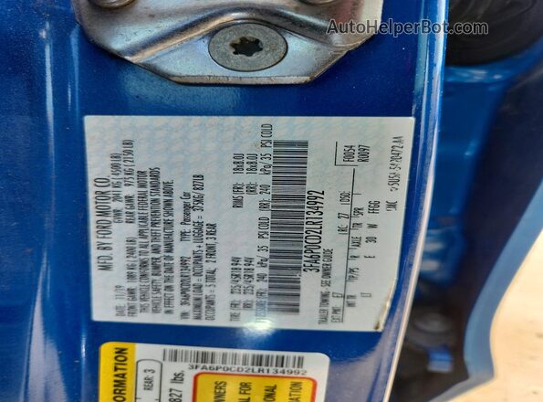 3FA6P0CD2LR134992 2020 FORD FUSION Blue VIN կոդի պիտակի տեսք