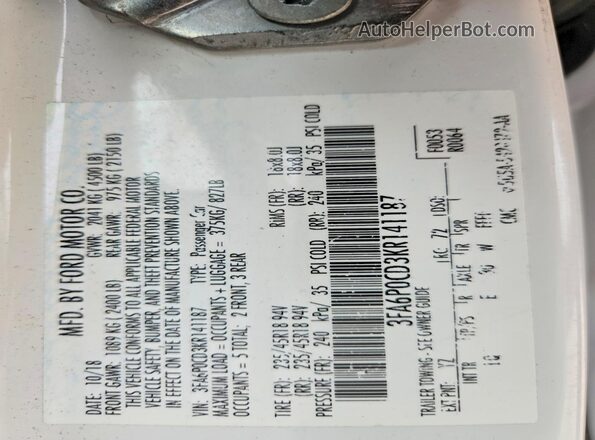 3FA6P0CD3KR141187 2019 FORD FUSION White VIN კოდის სტიკერის ხედი