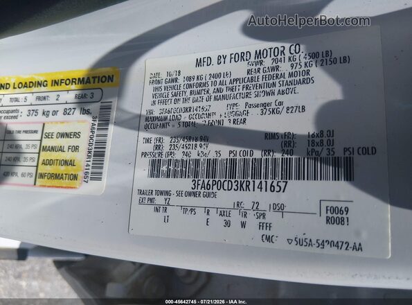 3FA6P0CD3KR141657 2019 FORD FUSION White Շարժիչի բաժամունքի տեսք