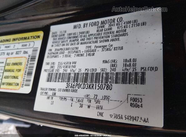 3FA6P0CD3KR150780 2019 FORD FUSION Black ძრავის განყოფილების ხედი