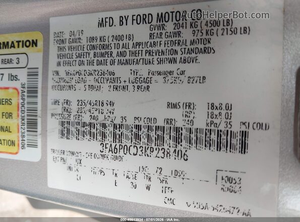 3FA6P0CD3KR238406 2019 FORD FUSION Silver ძრავის განყოფილების ხედი
