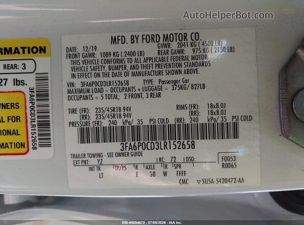 3FA6P0CD3LR152658 2020 FORD FUSION White Engine compartment view