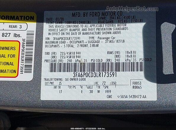 3FA6P0CD3LR173591 2020 FORD FUSION Silver Vista del compartimento del motor
