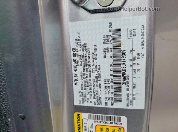 3FA6P0CD3LR179309 2020 FORD FUSION Silver VIN კოდის სტიკერის ხედი