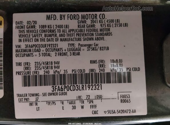 3FA6P0CD3LR192321 2020 FORD FUSION Gray Vista del compartimento del motor