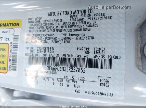 3FA6P0CD3LR237855 2020 FORD FUSION White Engine compartment view