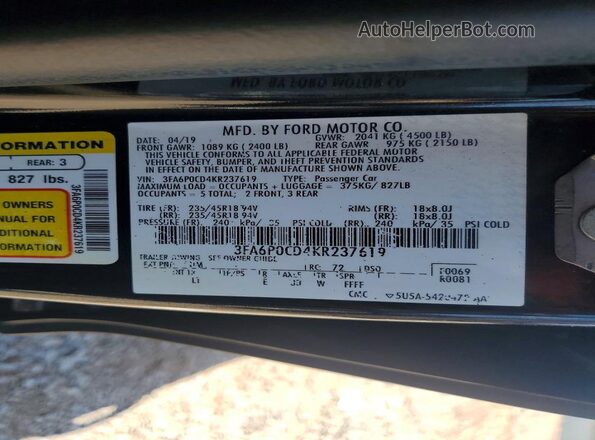 3FA6P0CD4KR237619 2019 FORD FUSION Black Շարժիչի բաժամունքի տեսք