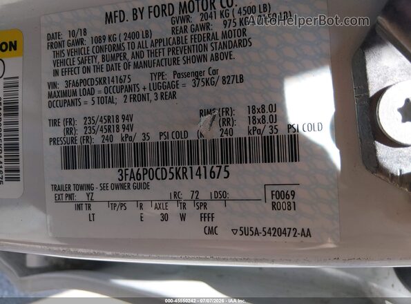 3FA6P0CD5KR141675 2019 FORD FUSION White Vista del compartimento del motor