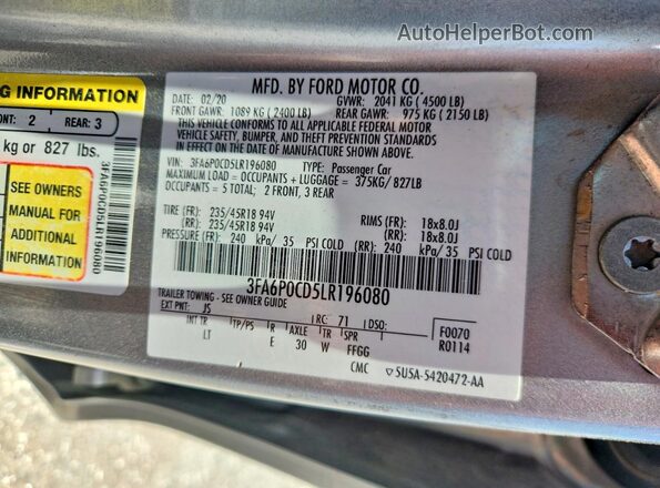 3FA6P0CD5LR196080 2020 FORD FUSION Silver ძრავის განყოფილების ხედი
