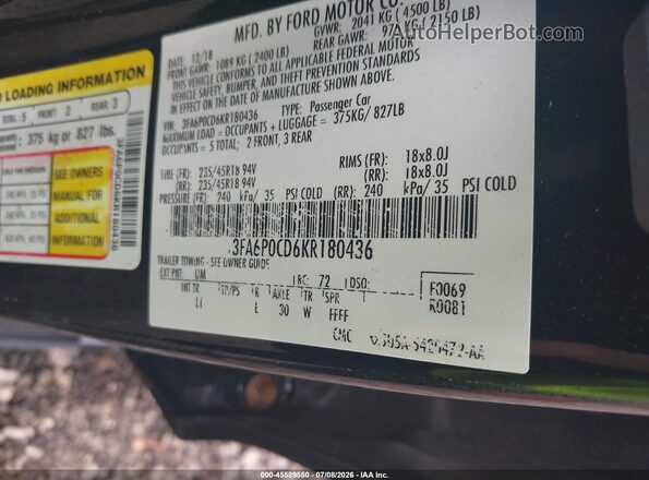 3FA6P0CD6KR180436 2019 FORD FUSION Черный Вид подкапотного пространства