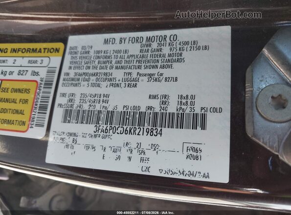 3FA6P0CD6KR219834 2019 FORD FUSION Темно-бордовый Вид подкапотного пространства