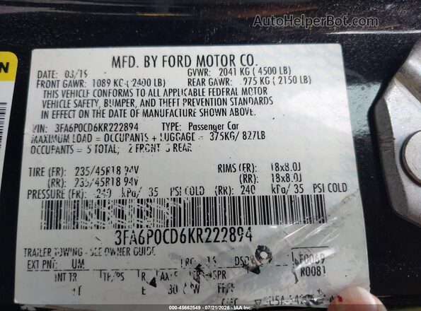 3FA6P0CD6KR222894 2019 FORD FUSION Black Vista del compartimento del motor