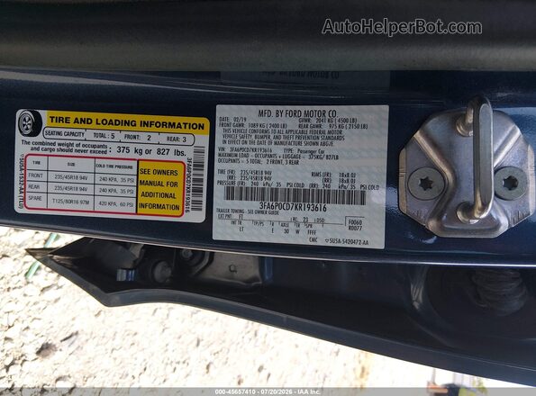 3FA6P0CD7KR193616 2019 FORD FUSION Синий Вид подкапотного пространства