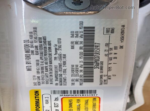 3FA6P0CD7LR151917 2020 FORD FUSION White Vista del compartimento del motor