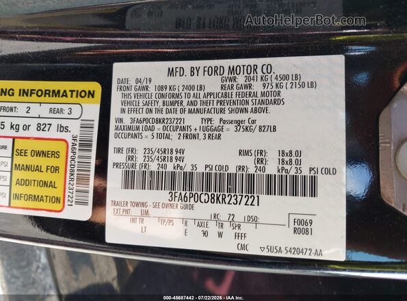 3FA6P0CD8KR237221 2019 FORD FUSION Черный Вид подкапотного пространства