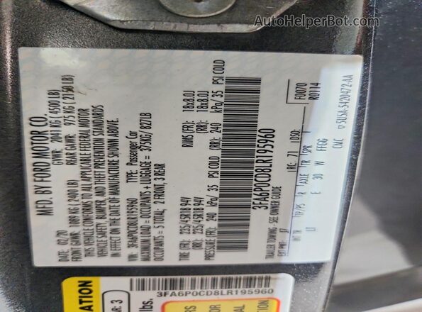 3FA6P0CD8LR195960 2020 FORD FUSION Charcoal ძრავის განყოფილების ხედი