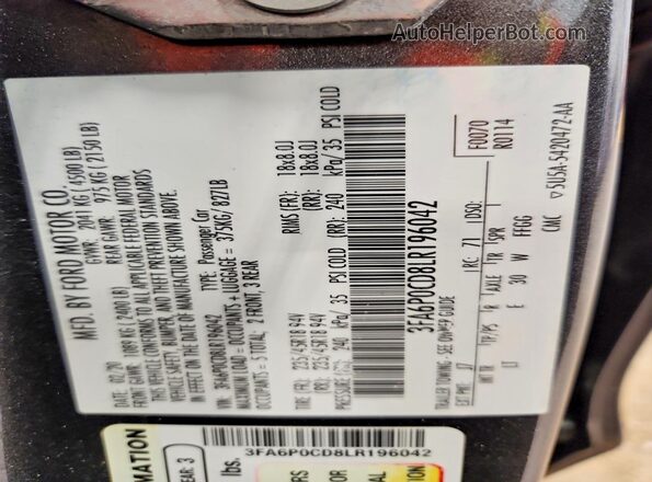 3FA6P0CD8LR196042 2020 FORD FUSION Black Вид підкапотного простору