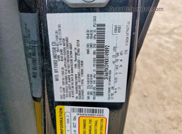 3FA6P0CD9KR149892 2019 FORD FUSION Black ძრავის განყოფილების ხედი