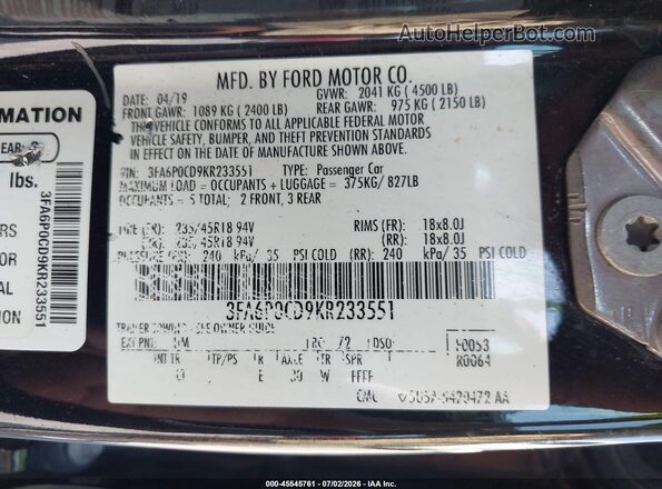 3FA6P0CD9KR233551 2019 FORD FUSION Черный Вид подкапотного пространства