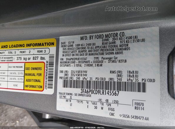 3FA6P0CD9LR145567 2020 FORD FUSION Gray Engine compartment view