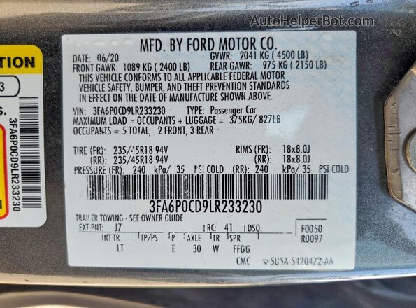 3FA6P0CD9LR233230 2020 FORD FUSION Gray VIN sticker view