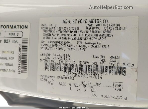 3FA6P0CDXKR142014 2019 FORD FUSION White Widok komory silnika
