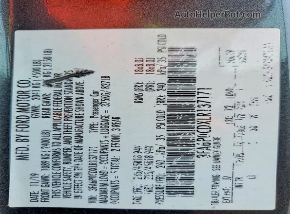 3FA6P0CDXLR137171 2020 FORD FUSION Серый Вид подкапотного пространства
