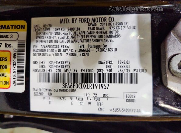 3FA6P0CDXLR191957 2020 FORD FUSION Черный Вид подкапотного пространства
