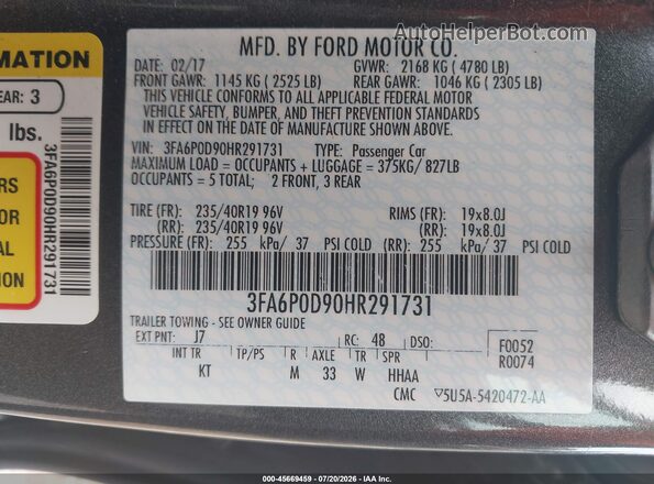 3FA6P0D90HR291731 2017 FORD FUSION Gray Շարժիչի բաժամունքի տեսք