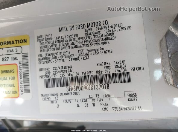 3FA6P0D90JR132018 2018 FORD FUSION White ძრავის განყოფილების ხედი