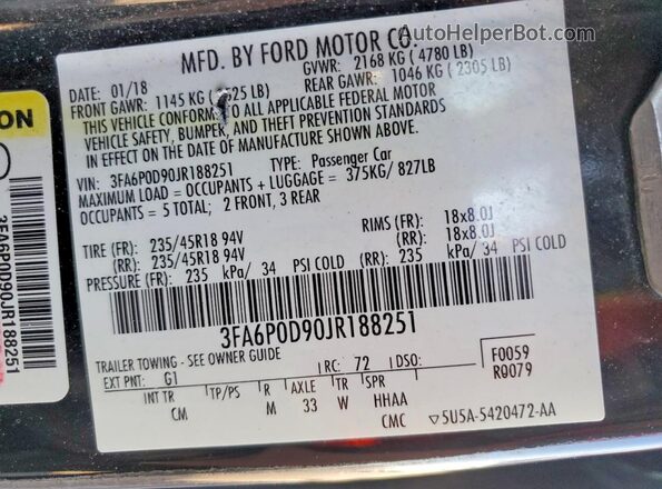 3FA6P0D90JR188251 2018 FORD FUSION Black Вид наклейки з VIN-кодом