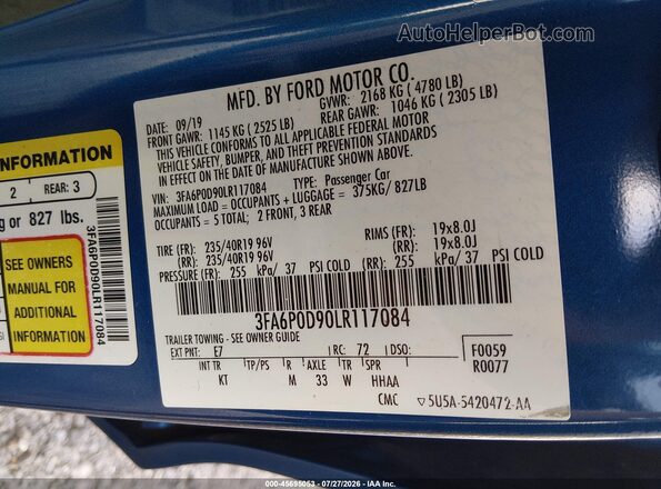 3FA6P0D90LR117084 2020 FORD FUSION Синий Вид подкапотного пространства