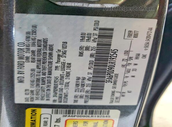 3FA6P0D90LR192545 2020 FORD FUSION Gray Շարժիչի բաժամունքի տեսք